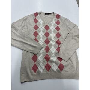 Claiborne Men's Cotton Beige Argyle V-Neck Sweater Pullover Long Sleeve Large